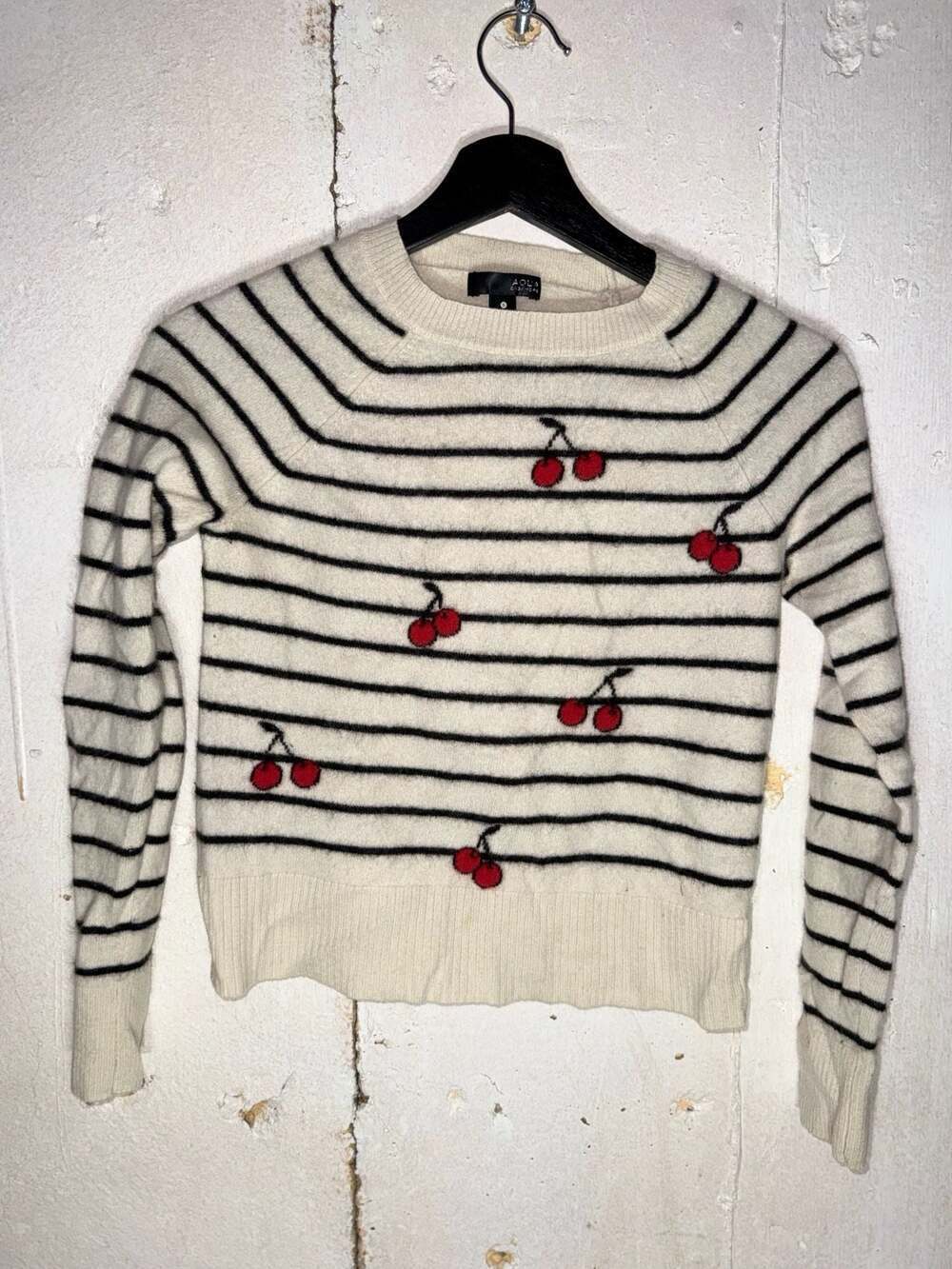 Aqua Cashmere 100% Cashmere Striped Cherry Intarsia Sweater Size S